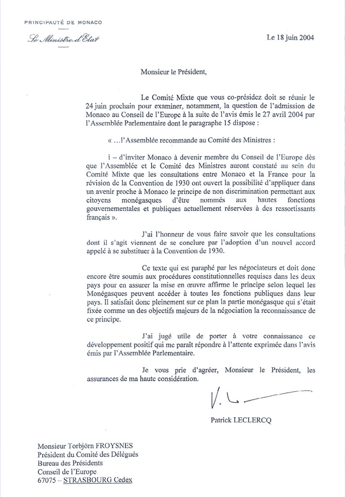 Lettre de Monsieur Patrick Leclercq, Ministre d’Etat de la Principauté de Monaco à Monsieur l’Ambassadeur Torbjørn Frøysnes, Président du Comité des délégués des Ministres.